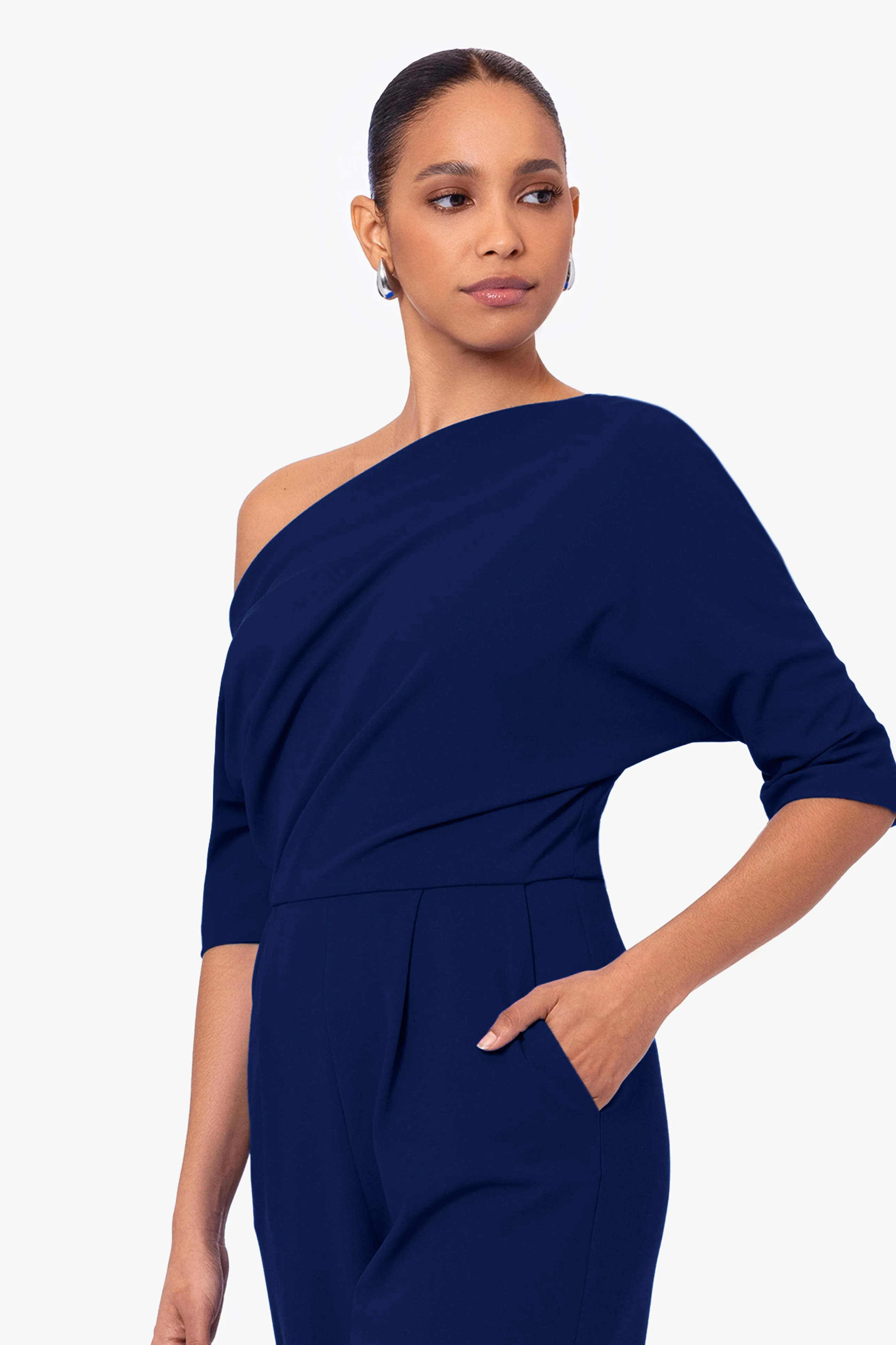 Luisa Long Scuba Crepe Off the Shoulder Jumpsuit