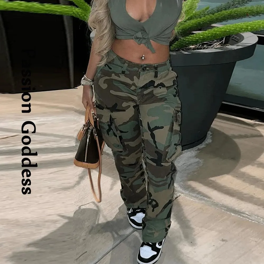 Make a Statement with our Camouflage Cargo Pants Big Pockets High Waist Camo Straight Trousers