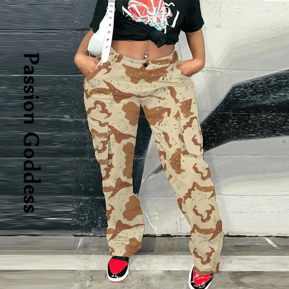 Make a Statement with our Camouflage Cargo Pants Big Pockets High Waist Camo Straight Trousers