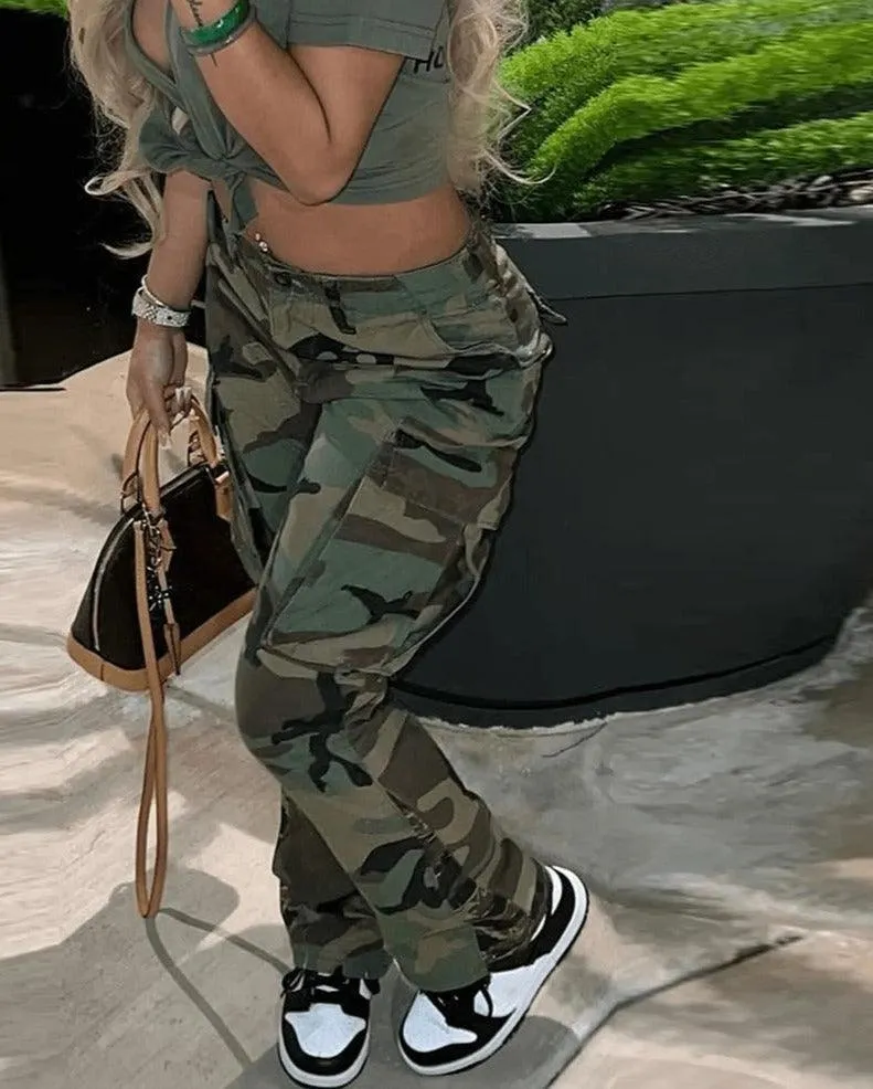 Make a Statement with our Camouflage Cargo Pants Big Pockets High Waist Camo Straight Trousers