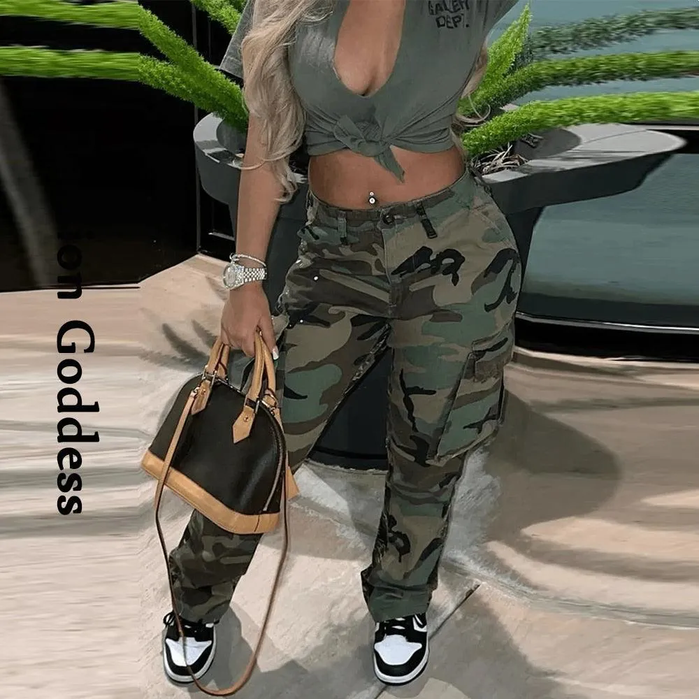 Make a Statement with our Camouflage Cargo Pants Big Pockets High Waist Camo Straight Trousers