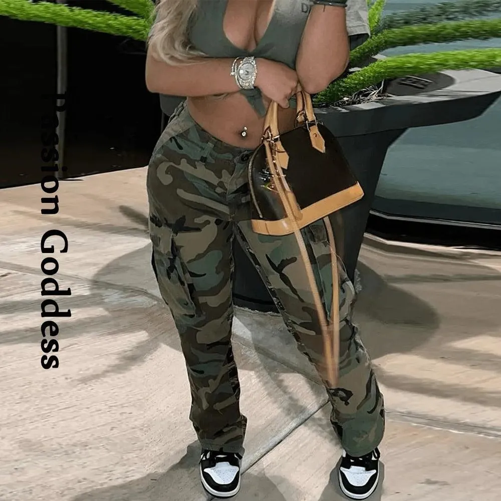 Make a Statement with our Camouflage Cargo Pants Big Pockets High Waist Camo Straight Trousers