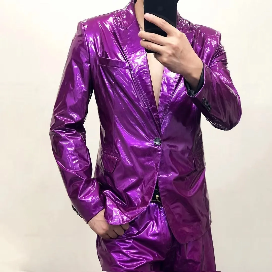 Men's Casual Purple Mirror Bright Soft Lacquer Leather Skinny Fit Blazer