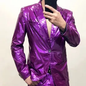 Men's Casual Purple Mirror Bright Soft Lacquer Leather Skinny Fit Blazer