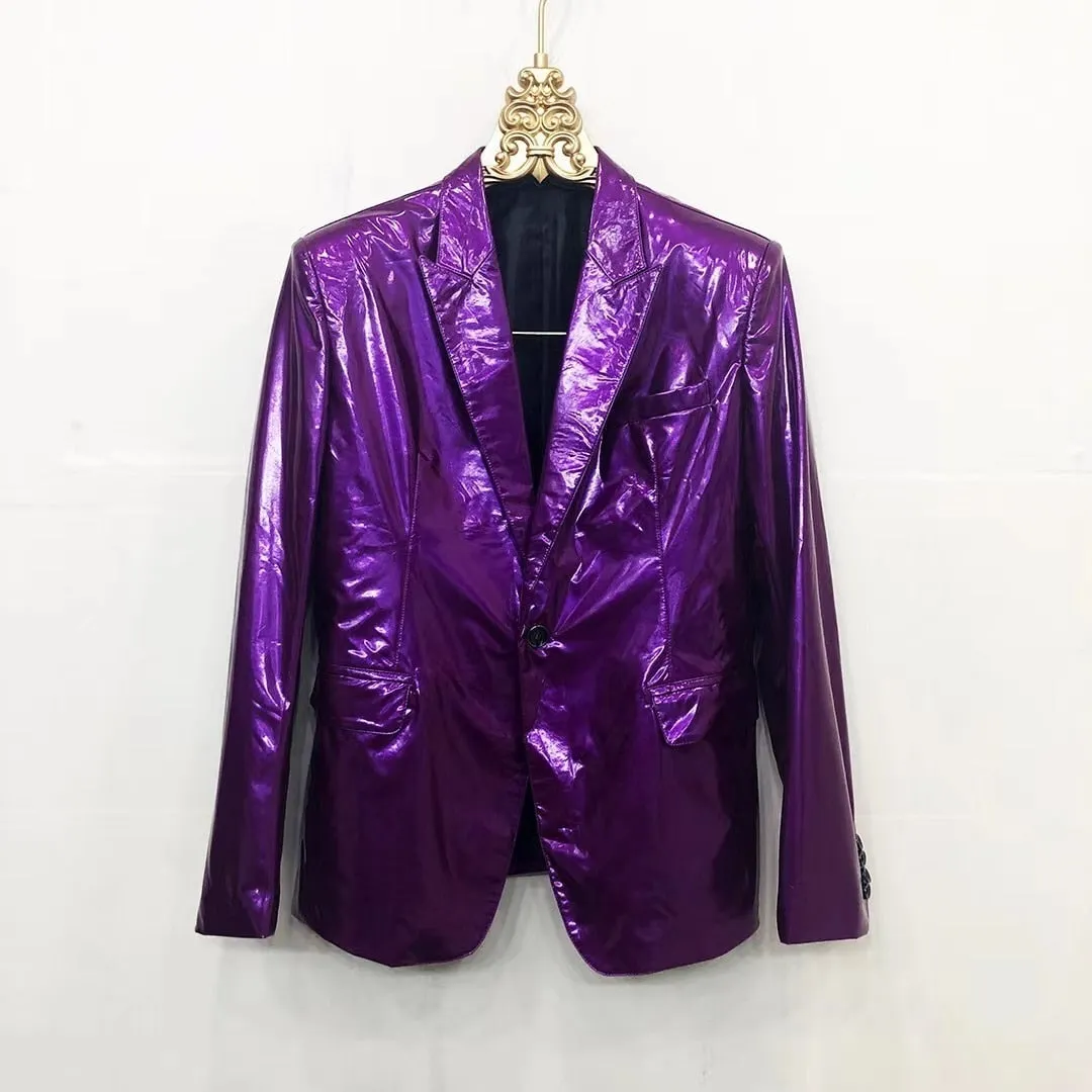 Men's Casual Purple Mirror Bright Soft Lacquer Leather Skinny Fit Blazer