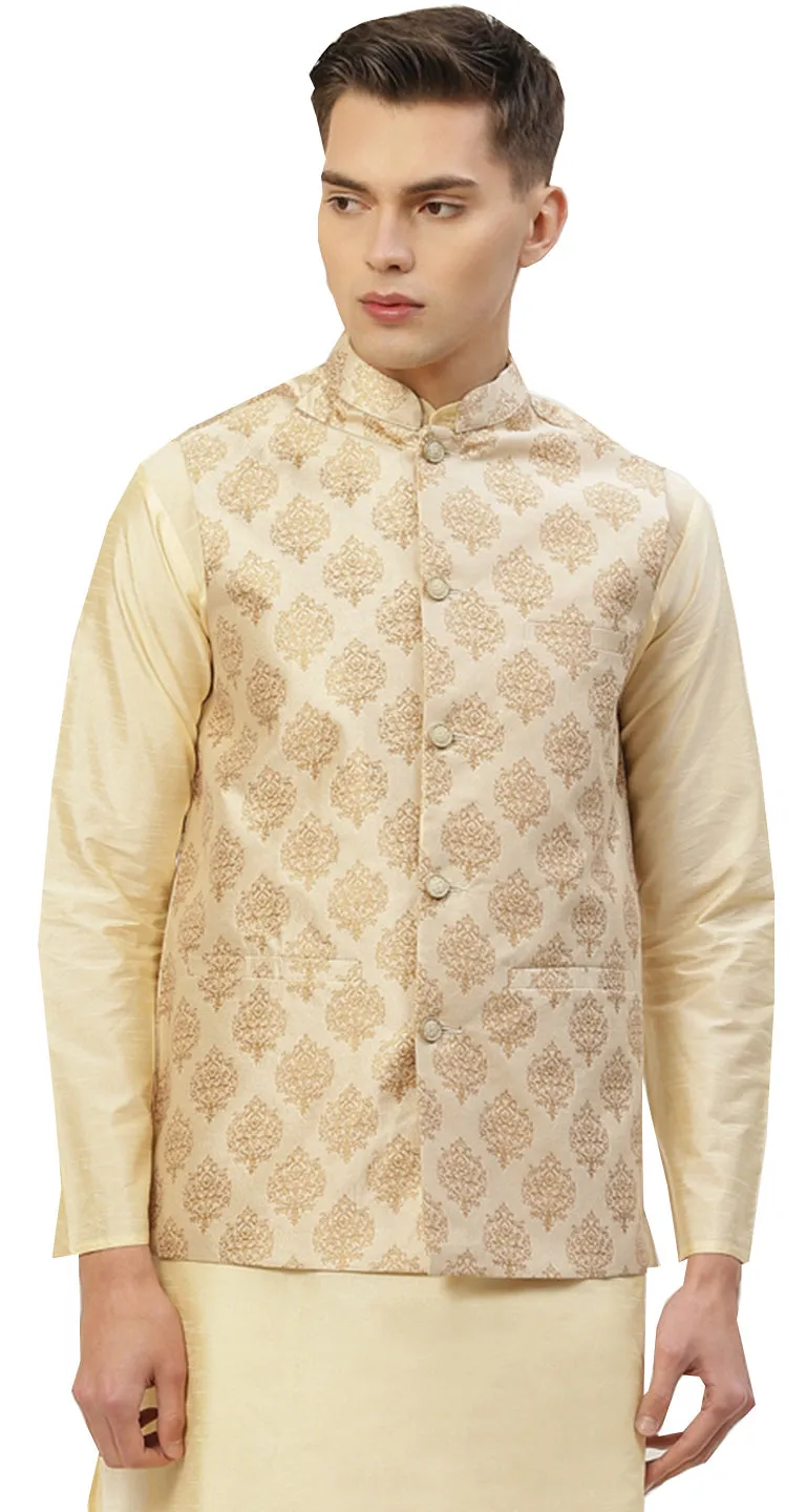 Men's Jacquard Sleeveless Silk Nehru Jacket India Waistcoat (Cream)