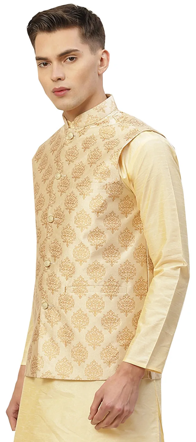 Men's Jacquard Sleeveless Silk Nehru Jacket India Waistcoat (Cream)