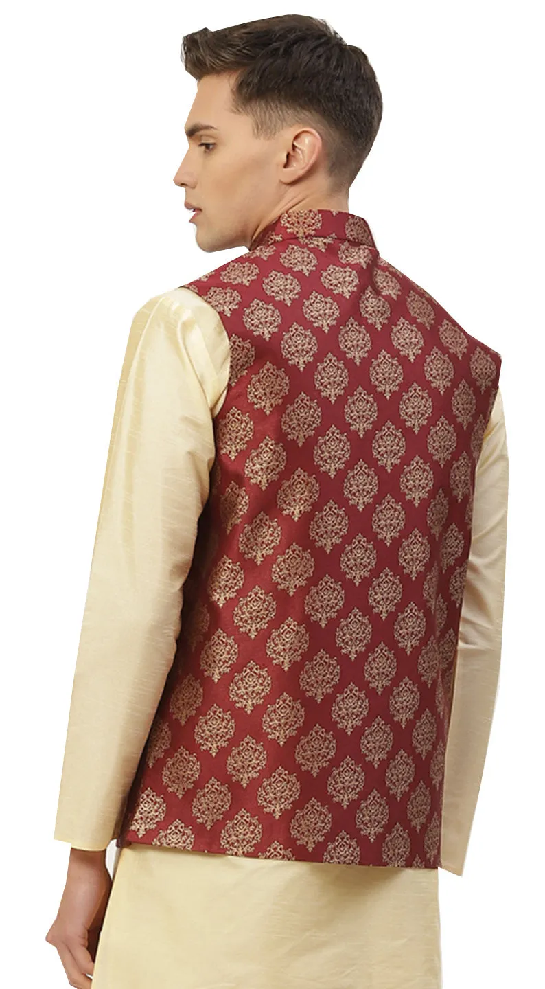 Men's Jacquard Sleeveless Silk Nehru Jacket India Waistcoat (Maroon)