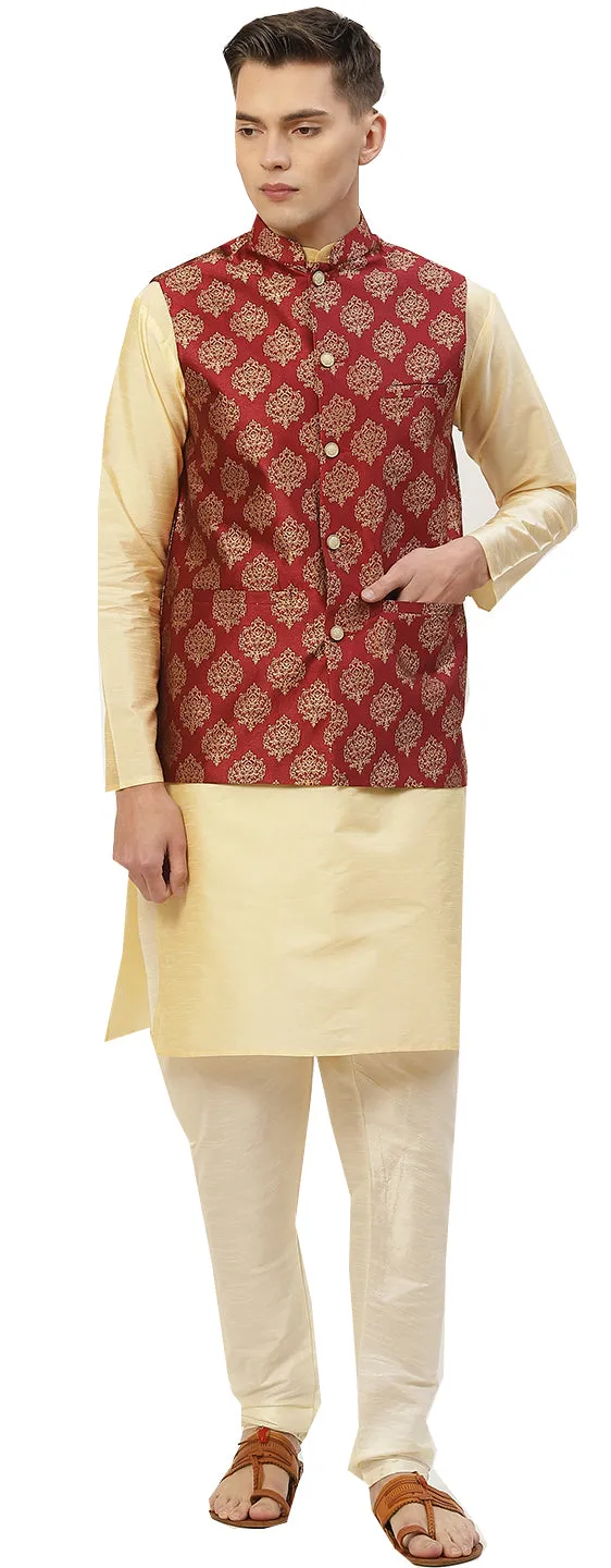 Men's Jacquard Sleeveless Silk Nehru Jacket India Waistcoat (Maroon)