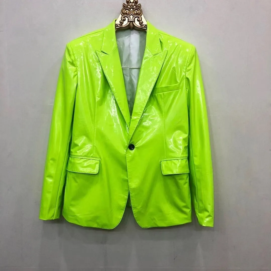 Men's Polyester Lemon Green Mirror Bright Skinny Fit Single-Breasted Blazer