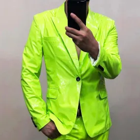 Men's Polyester Lemon Green Mirror Bright Skinny Fit Single-Breasted Blazer