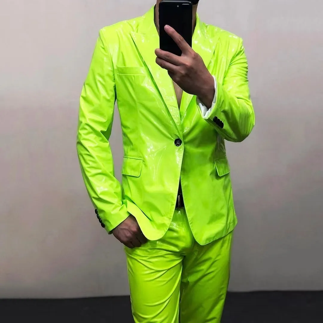 Men's Polyester Lemon Green Mirror Bright Skinny Fit Single-Breasted Blazer