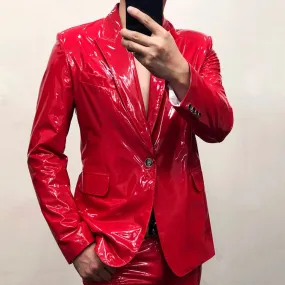 Men's Red Mirror Bright Soft Lacquer Leather Skinny Fit Nightclub Blazer