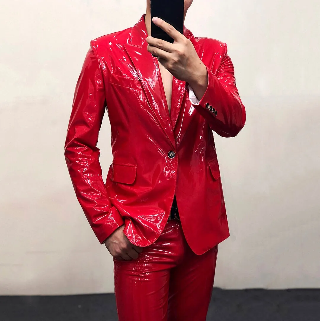 Men's Red Mirror Bright Soft Lacquer Leather Skinny Fit Nightclub Blazer