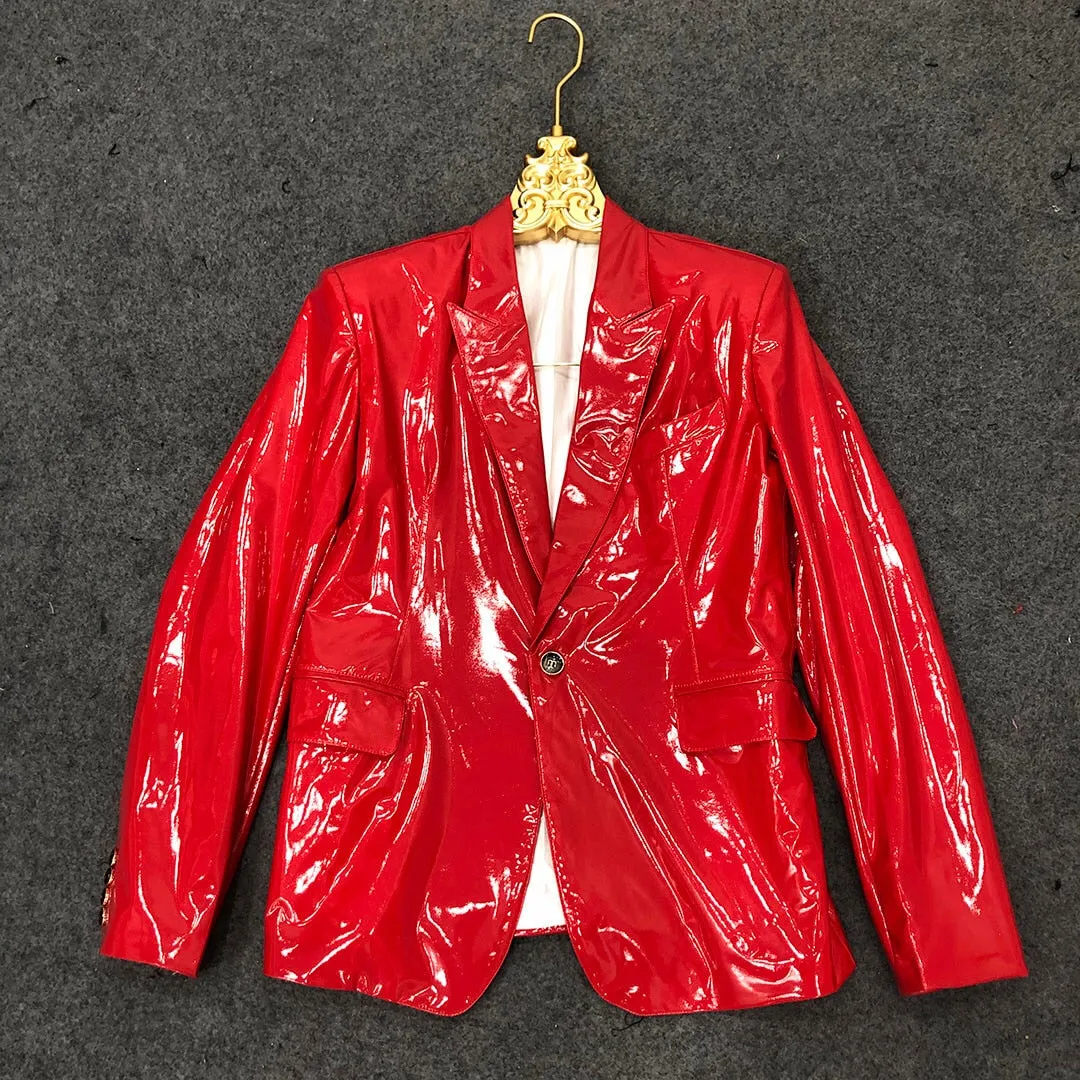 Men's Red Mirror Bright Soft Lacquer Leather Skinny Fit Nightclub Blazer