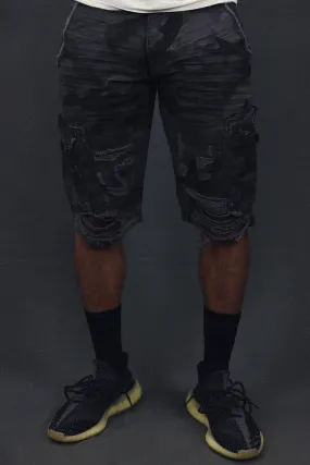 Men's Ripped Black Camo Vintage Distressed Cargo Shorts To Match Sneakers | Black