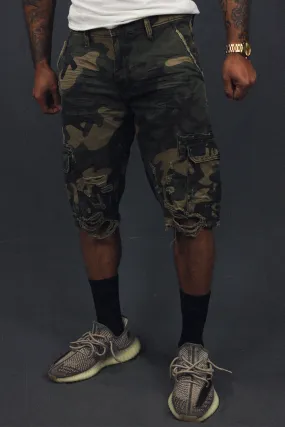 Men's Ripped Woodland Camo Vintage Distressed Cargo Shorts To Match Sneakers | Woodland