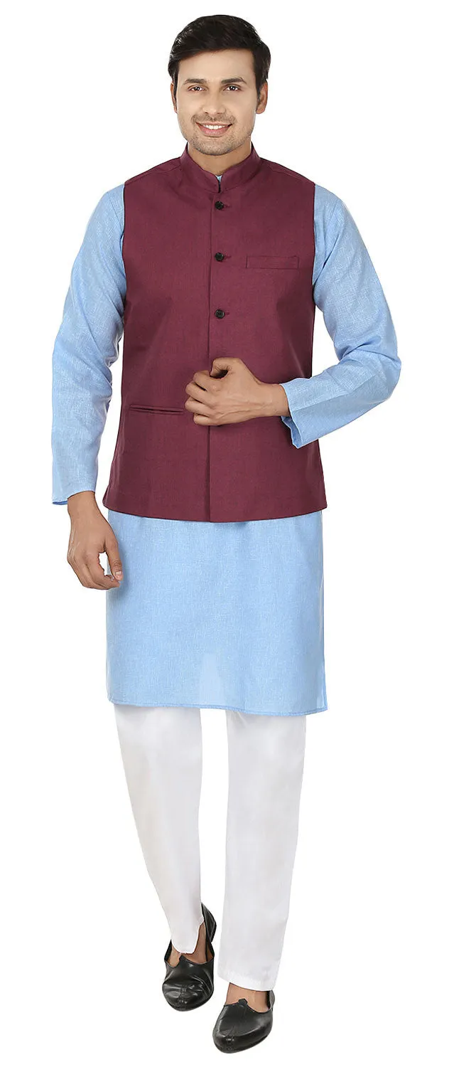 Men's Sleeve Less Jute Nehru Jacket Traditional India Waistcoat (Maroon)