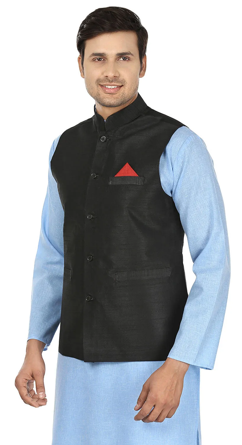 Men's Sleeve Less Silk Nehru Jacket Traditional India Waistcoat (Black)