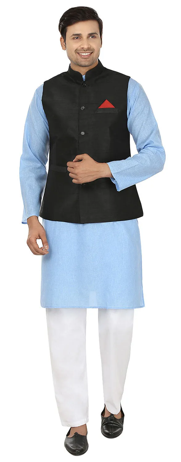 Men's Sleeve Less Silk Nehru Jacket Traditional India Waistcoat (Black)