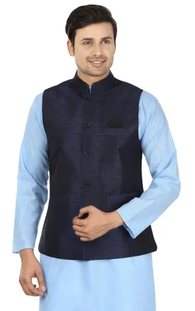 Men's Sleeveless Silk Nehru Jacket Traditional India Waistcoat (Blue)