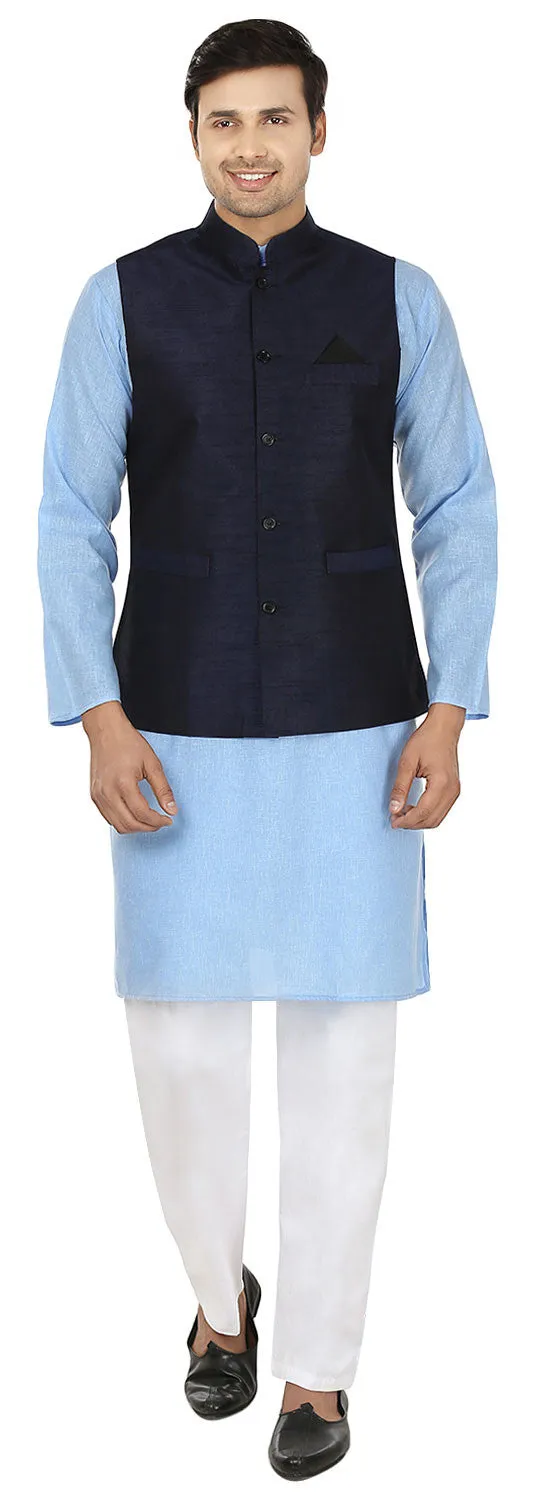 Men's Sleeveless Silk Nehru Jacket Traditional India Waistcoat (Blue)