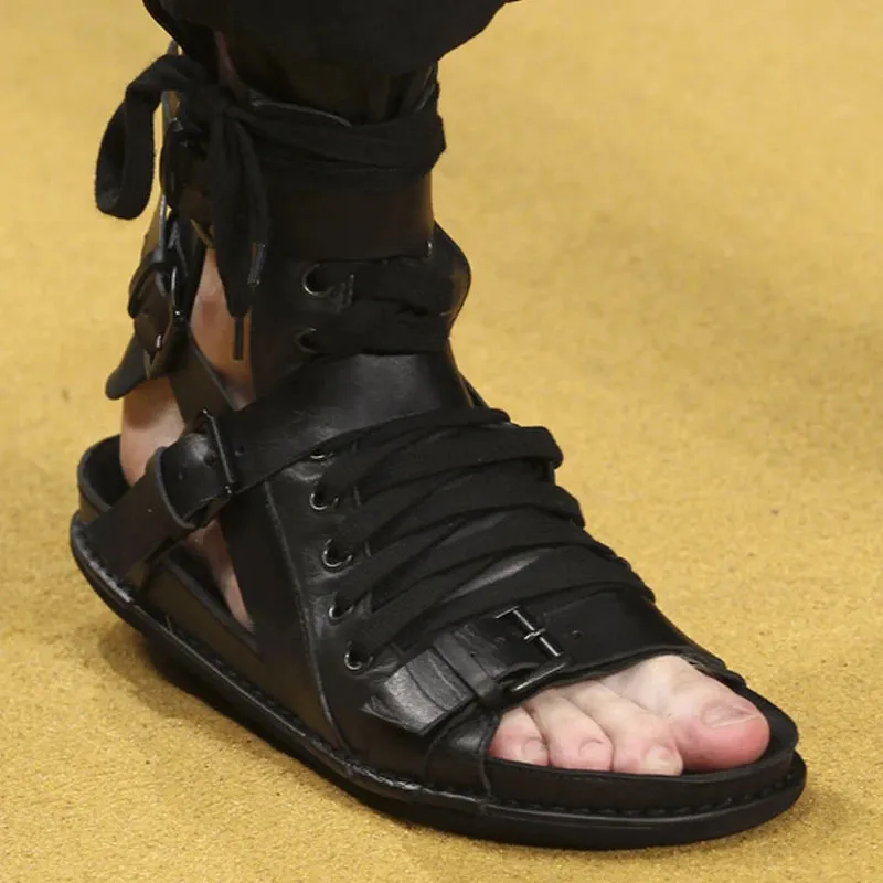 Men's Summer Solid Black High-top Genuine Leather Gladiator Sandals