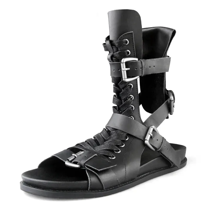 Men's Summer Solid Black High-top Genuine Leather Gladiator Sandals