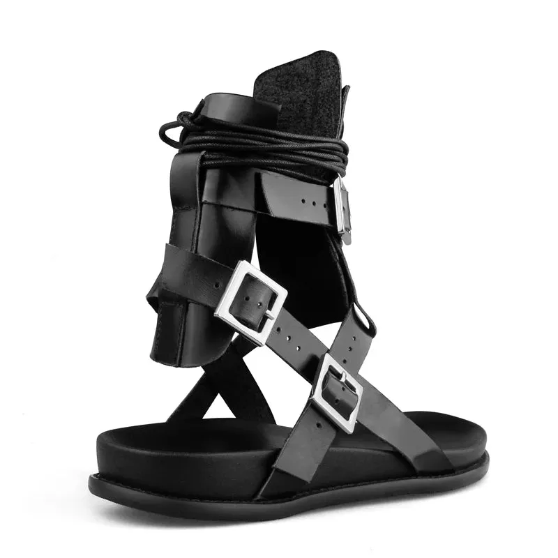 Men's Summer Solid Black High-top Genuine Leather Gladiator Sandals