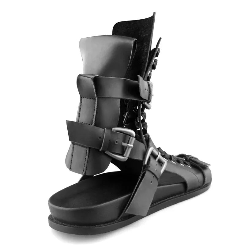 Men's Summer Solid Black High-top Genuine Leather Gladiator Sandals