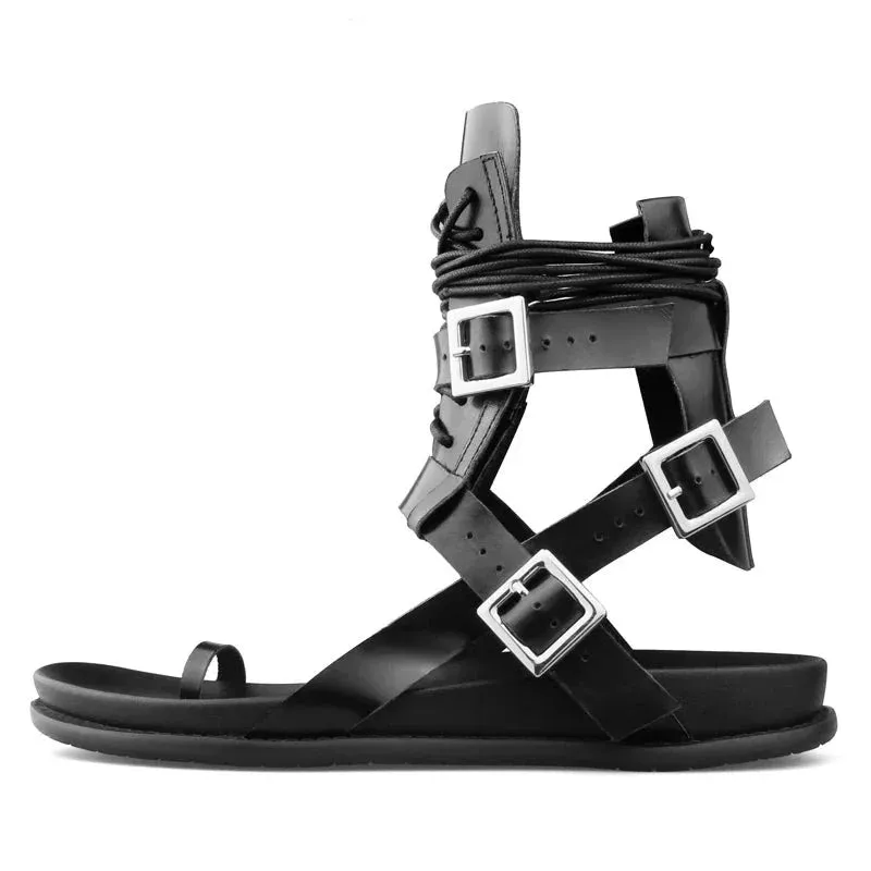 Men's Summer Solid Black High-top Genuine Leather Gladiator Sandals