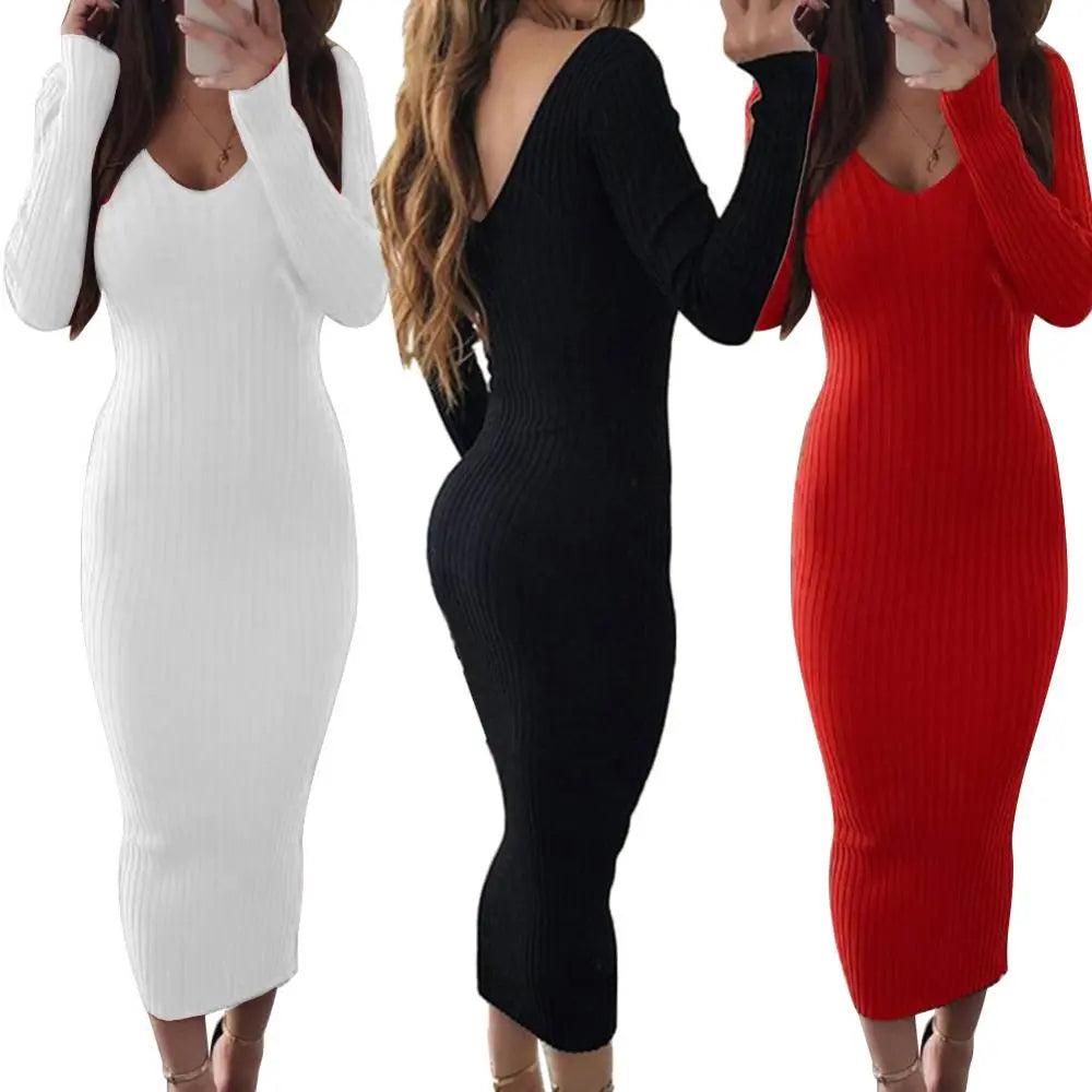 Nadafair Bodycon Knitted Stretchy Long Sleeve Sweater Dress Women