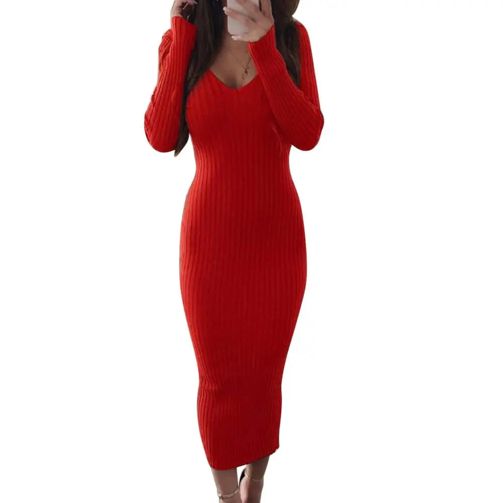 Nadafair Bodycon Knitted Stretchy Long Sleeve Sweater Dress Women