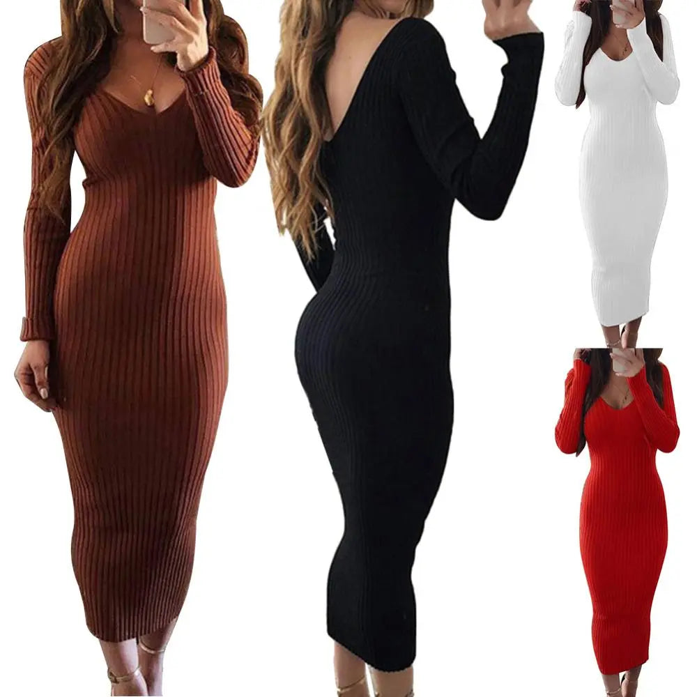 Nadafair Bodycon Knitted Stretchy Long Sleeve Sweater Dress Women