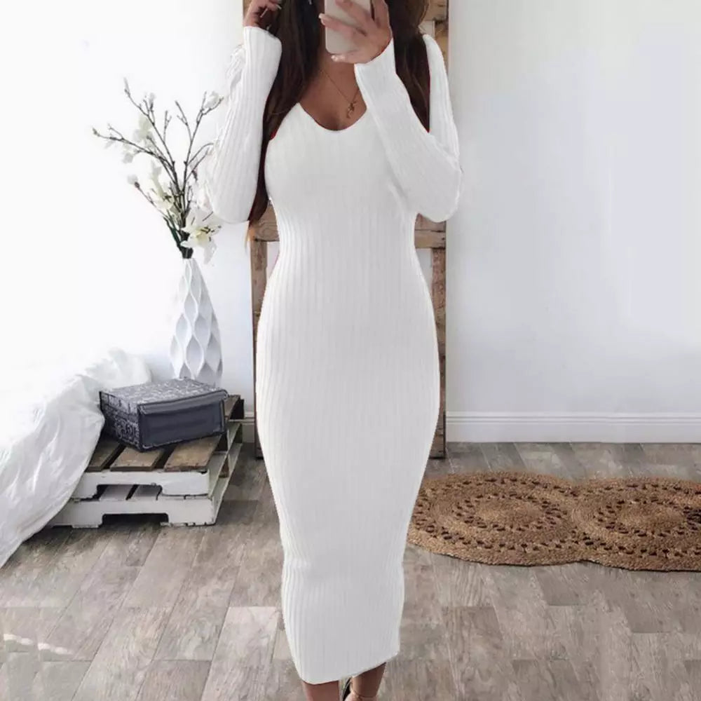 Nadafair Bodycon Knitted Stretchy Long Sleeve Sweater Dress Women