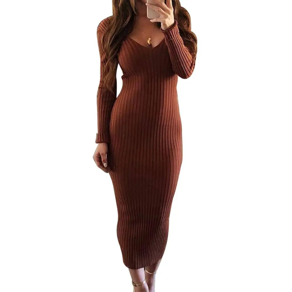 Nadafair Bodycon Knitted Stretchy Long Sleeve Sweater Dress Women