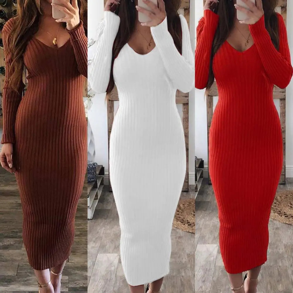 Nadafair Bodycon Knitted Stretchy Long Sleeve Sweater Dress Women