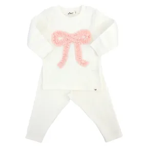 oh baby! Two Piece Set - Pink Terry Ruffle Bow Applique - Cream