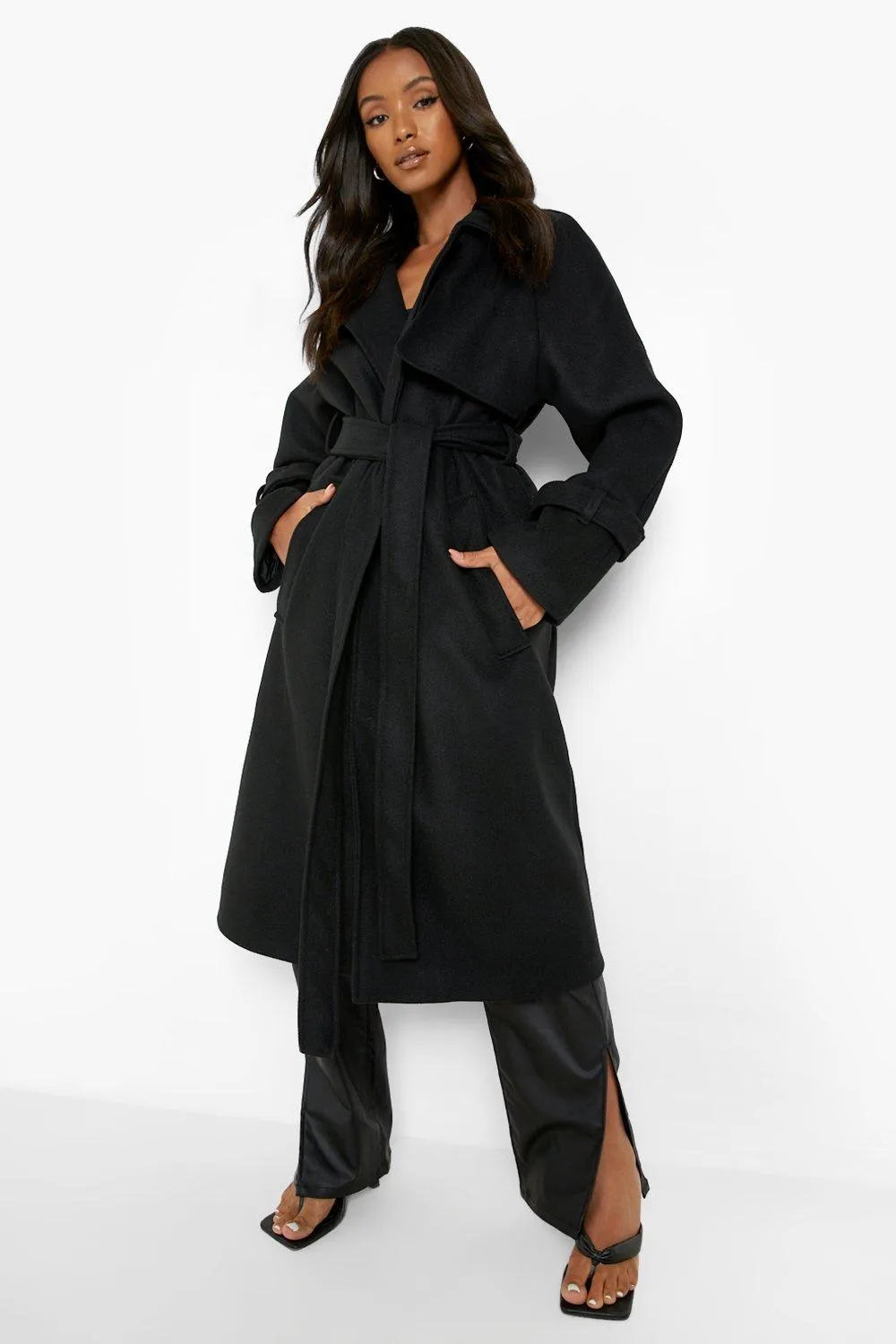 Petite Oversized Belted Wool Look Maxi Coat