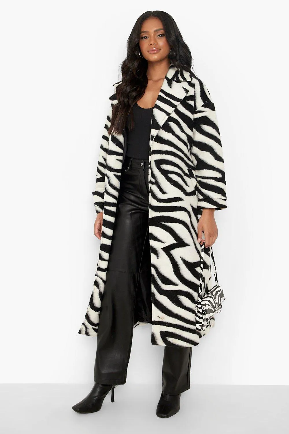 Petite Zebra Belted Wool Look Coat