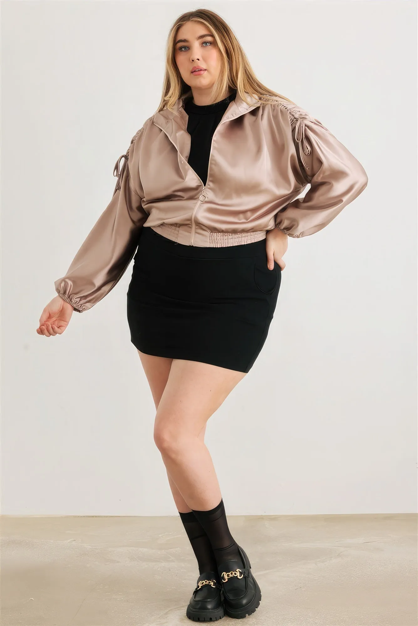 Plus Size Satin Ruched Bomber Jacket