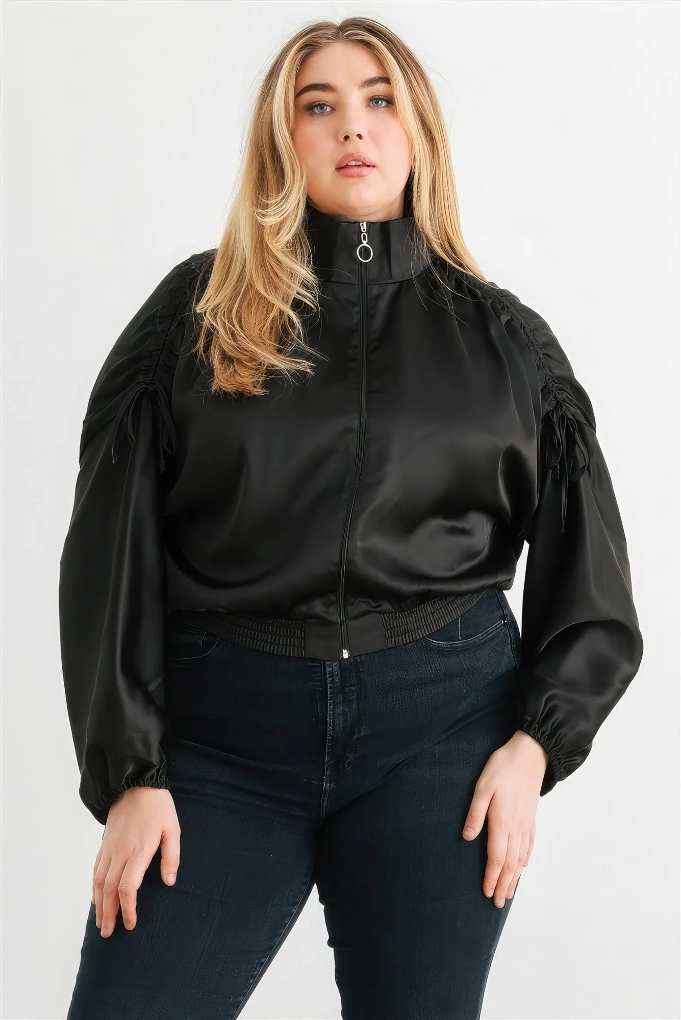 Plus Size Satin Ruched Bomber Jacket