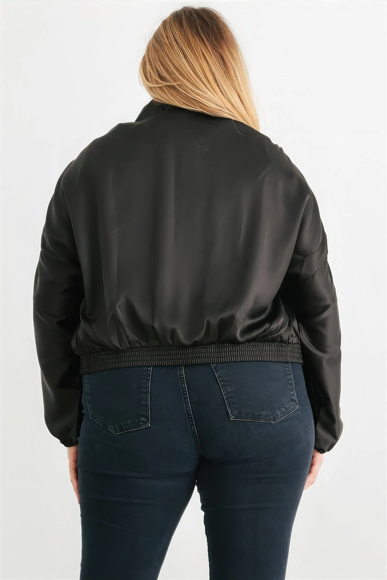 Plus Size Satin Ruched Bomber Jacket