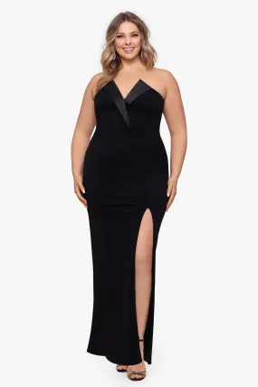 Plus Violette Long Strapless V Neck Tuxedo Dress