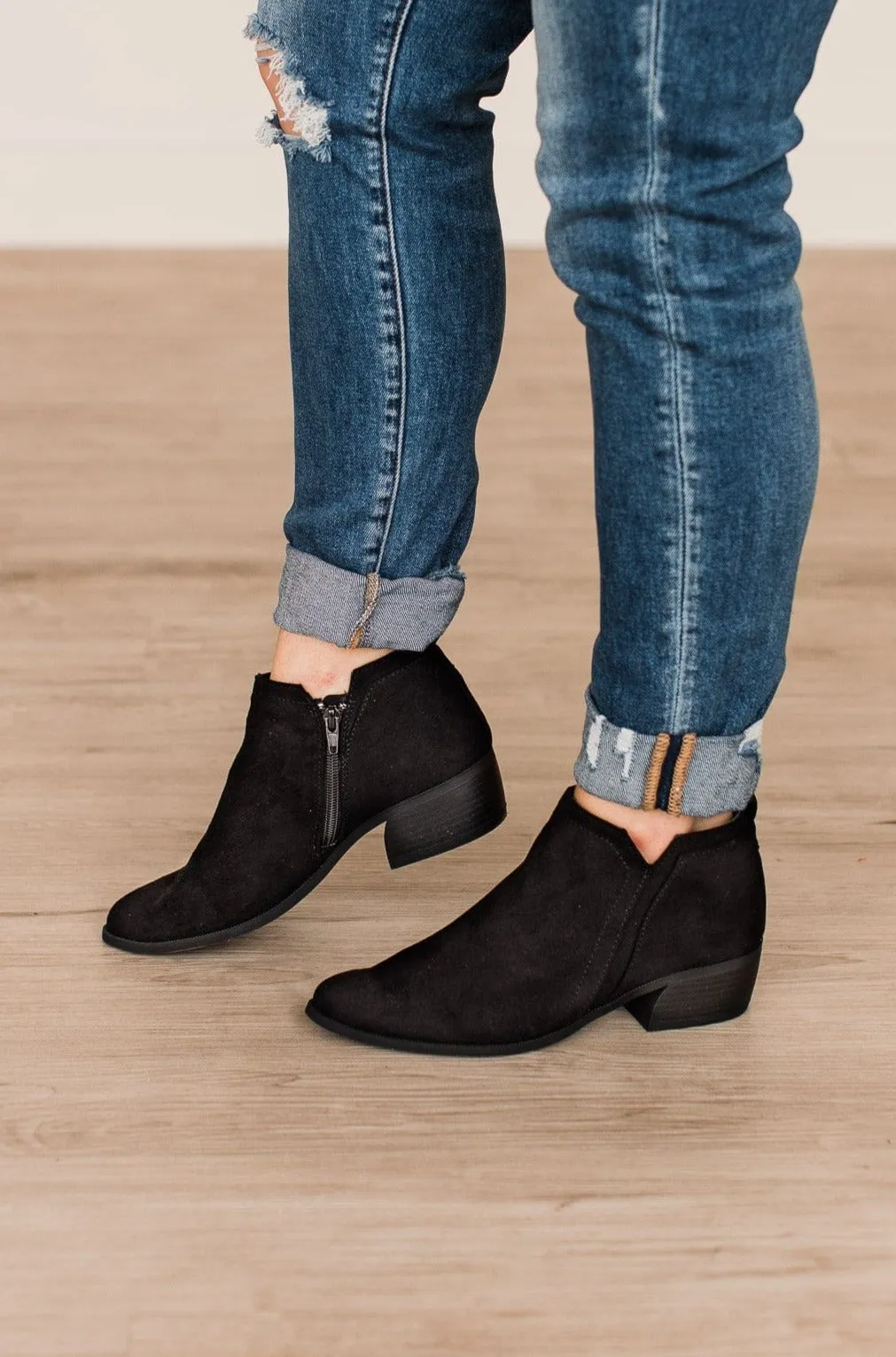 Qupid Rager Booties- Black Stretch Suede