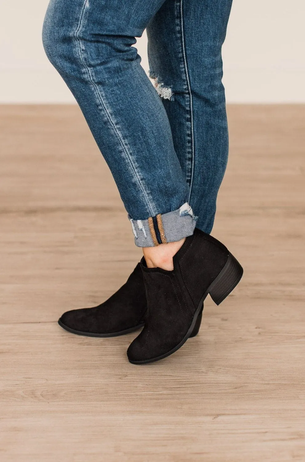 Qupid Rager Booties- Black Stretch Suede