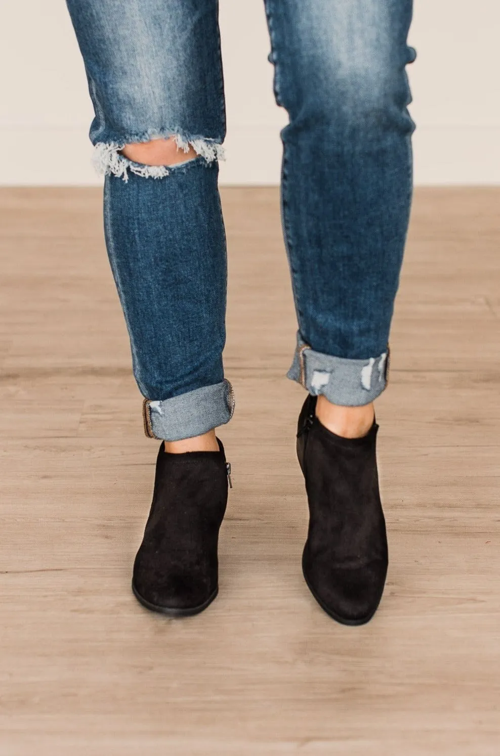 Qupid Rager Booties- Black Stretch Suede