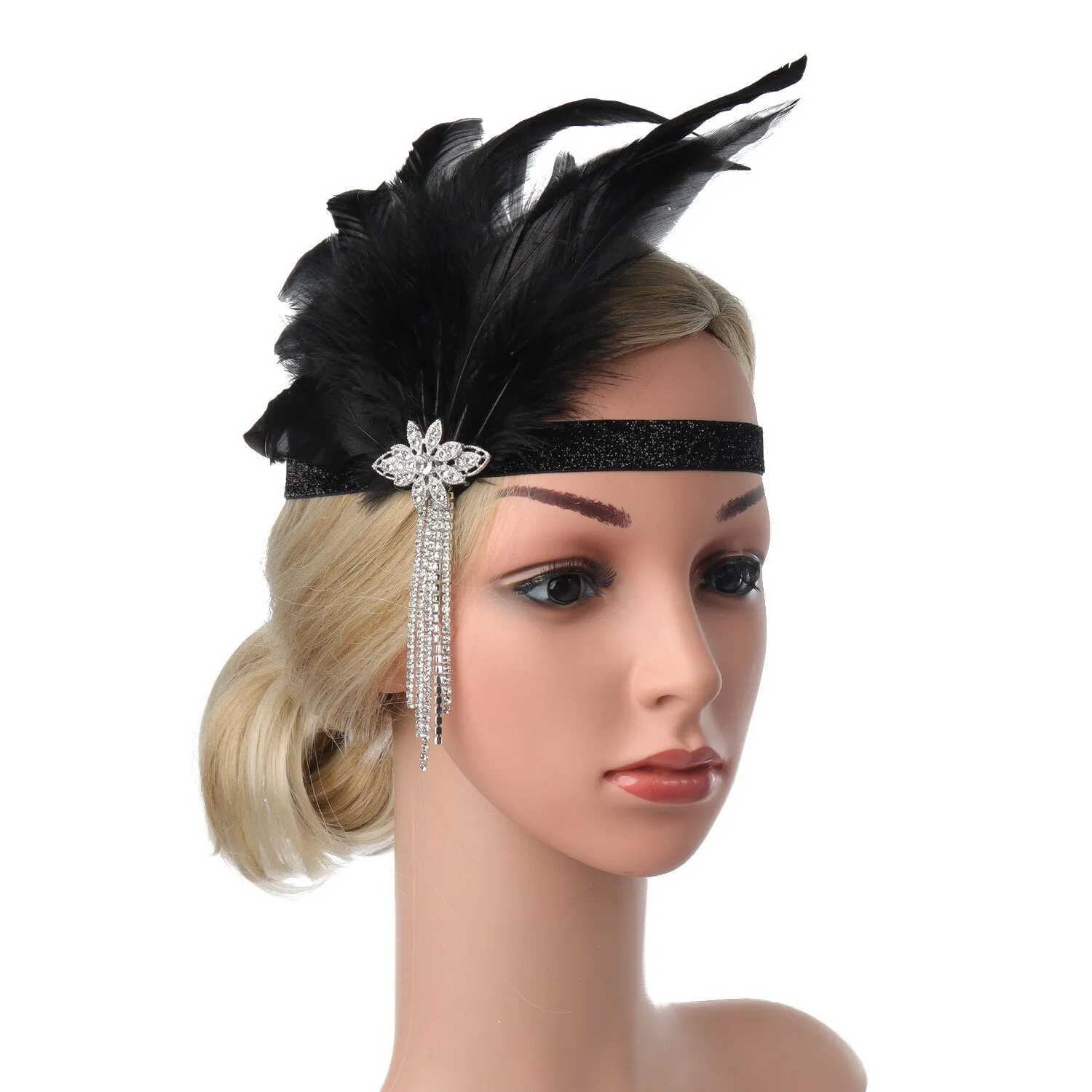 Roaring 20s Black Feather Headband 1920s Flapper Headpiece Women Costume Headwear Great Gatsby Party Hair Accessories