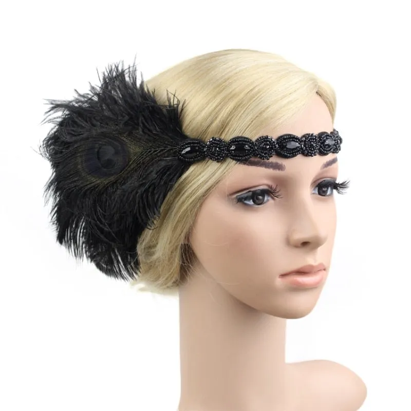 Roaring 20s Black Feather Headband 1920s Flapper Headpiece Women Costume Headwear Great Gatsby Party Hair Accessories