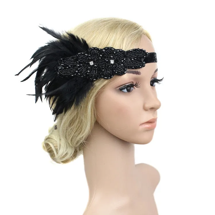 Roaring 20s Black Feather Headband 1920s Flapper Headpiece Women Costume Headwear Great Gatsby Party Hair Accessories